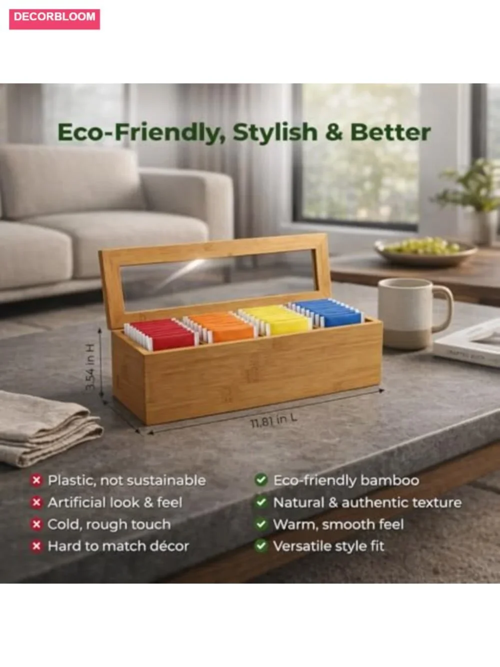 Bamboo Tea Bag Organizer with Acrylic Lid - Tea Storage Box for Counter or